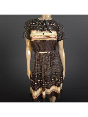 Vintage 70s Cute Retro Brown Polka Dot Print Day Dress Size S Twee Cottagecore